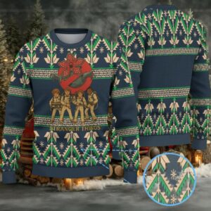 Dark Navy Geometric Pine Tree Fair Isle Ugly Christmas Sweater Stranger Things Ghostbusters Kids with Demogorgon and Snowflake Pattern