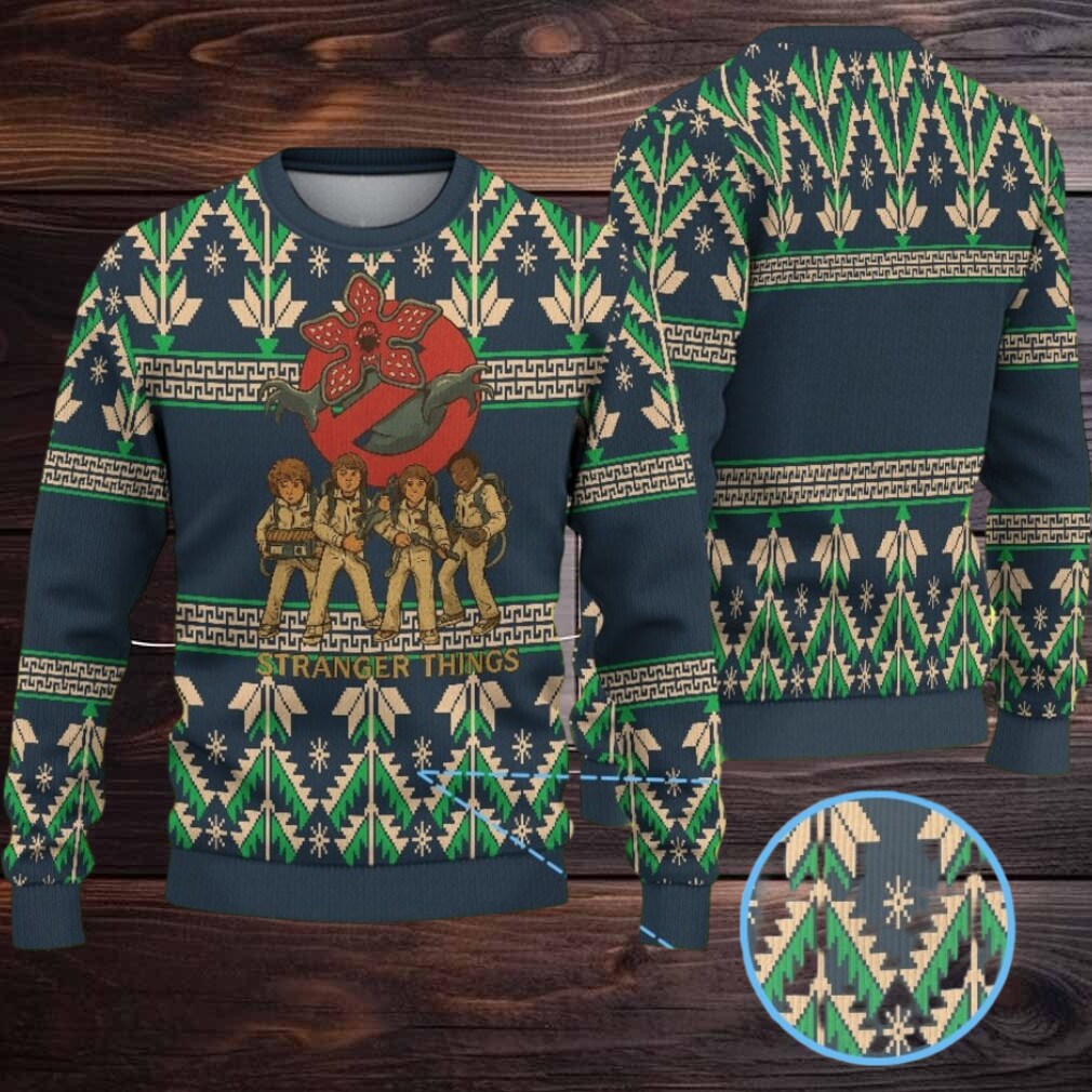 Dark Navy Geometric Pine Tree Fair Isle Ugly Christmas Sweater Stranger Things Ghostbusters Kids with Demogorgon and Snowflake Pattern Dark Navy Geometric Pine Tree Fair Isle Ugly Christmas Sweater Stranger Things Ghostbusters Kids with Demogorgon and Snowflake Pattern