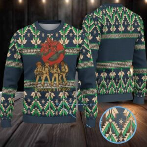 Dark Navy Geometric Pine Tree Fair Isle Ugly Christmas Sweater Stranger Things Ghostbusters Kids with Demogorgon and Snowflake Pattern