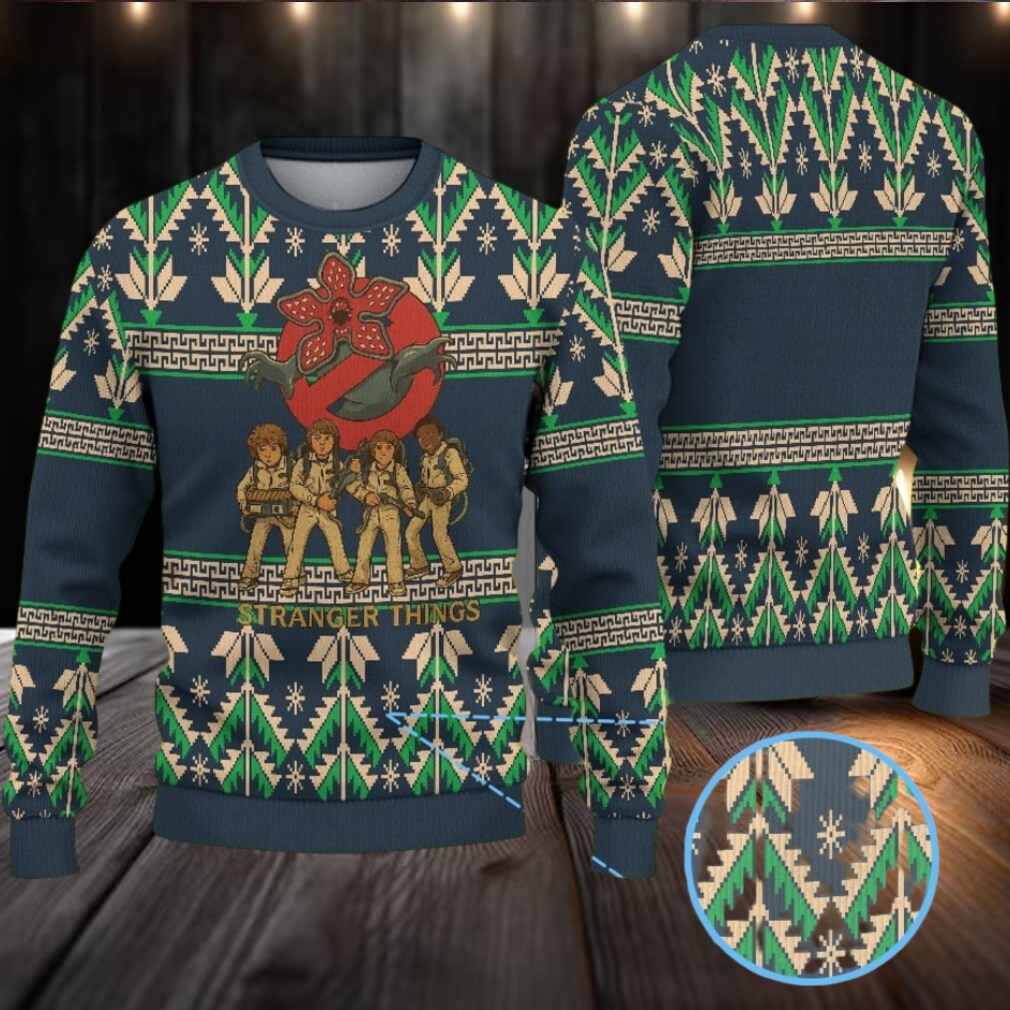 Dark Navy Geometric Pine Tree Fair Isle Ugly Christmas Sweater Stranger Things Ghostbusters Kids with Demogorgon and Snowflake Pattern Dark Navy Geometric Pine Tree Fair Isle Ugly Christmas Sweater Stranger Things Ghostbusters Kids with Demogorgon and Snowflake Pattern