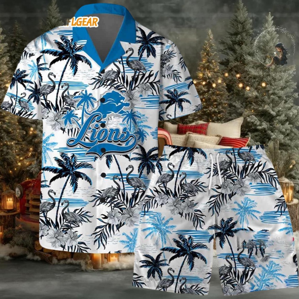 Detroit Lions Football Team Logo Pattern Flamingo Hibiscus Summer Hawaiian Shirt And Beach Short Detroit Lions Football Team Logo Pattern Flamingo Hibiscus Summer Hawaiian Shirt And Beach Short