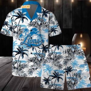 Detroit Lions Football Team Logo Pattern Flamingo Hibiscus Summer Hawaiian Shirt And Beach Short