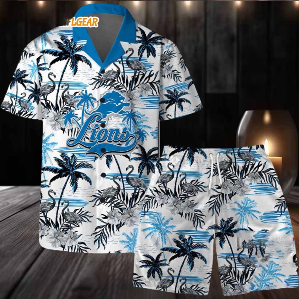 Detroit Lions Football Team Logo Pattern Flamingo Hibiscus Summer Hawaiian Shirt And Beach Short Detroit Lions Football Team Logo Pattern Flamingo Hibiscus Summer Hawaiian Shirt And Beach Short