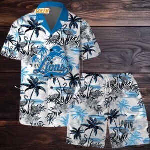 Detroit Lions Football Team Logo Pattern Flamingo Hibiscus Summer Hawaiian Shirt And Beach Short