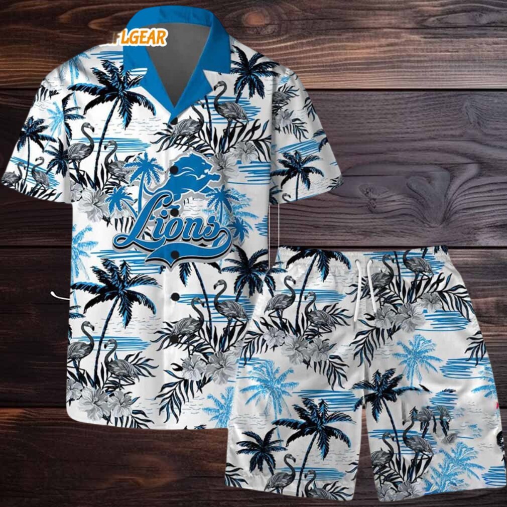 Detroit Lions Football Team Logo Pattern Flamingo Hibiscus Summer Hawaiian Shirt And Beach Short Detroit Lions Football Team Logo Pattern Flamingo Hibiscus Summer Hawaiian Shirt And Beach Short