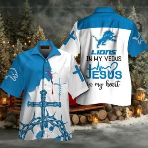 Detroit Lions In My Veins Jesus Im My Heart Hawaiian Shirt