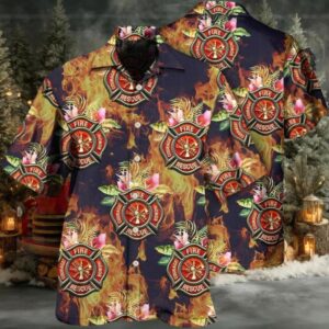 Firefighter Tropical Floral Hawaiian Shirt