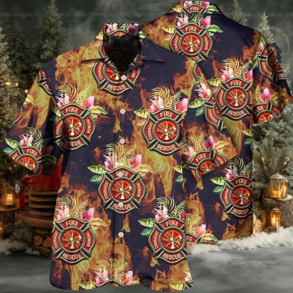 Firefighter Tropical Floral Hawaiian Shirt