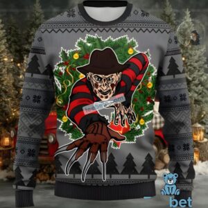 Freddy Krueger Christmas Wreath Ugly Sweaters Mens Grey