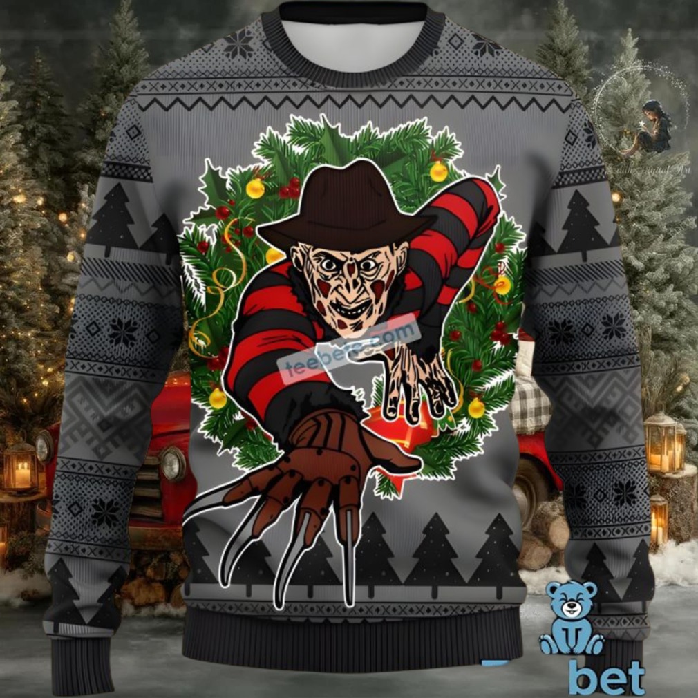 Freddy Krueger Christmas Wreath Ugly Sweaters Mens Grey Freddy Krueger Christmas Wreath Ugly Sweaters Mens Grey