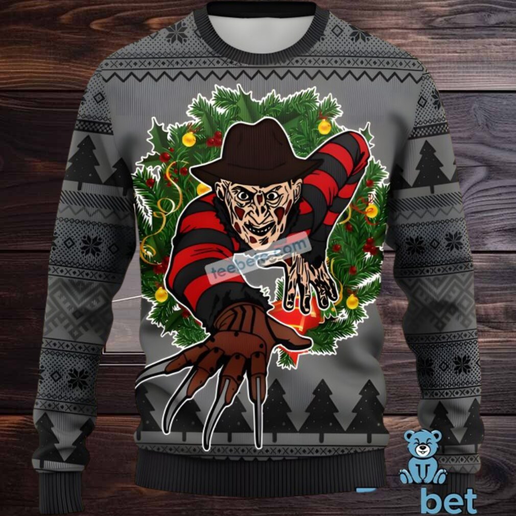 Freddy Krueger Christmas Wreath Ugly Sweaters Mens Grey Freddy Krueger Christmas Wreath Ugly Sweaters Mens Grey