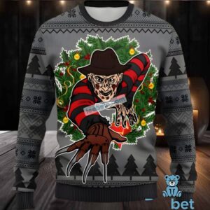 Freddy Krueger Christmas Wreath Ugly Sweaters Mens Grey