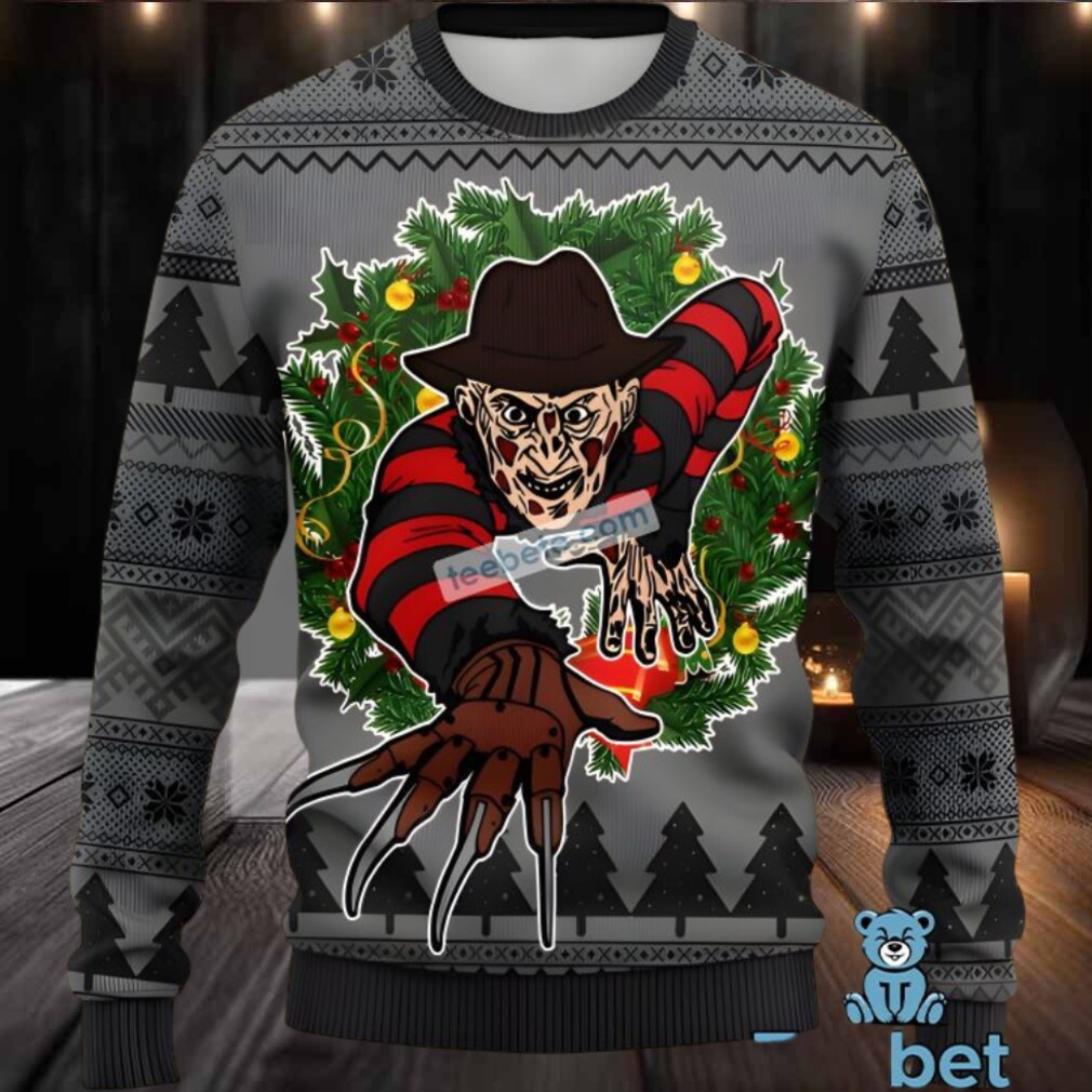 Freddy Krueger Christmas Wreath Ugly Sweaters Mens Grey Freddy Krueger Christmas Wreath Ugly Sweaters Mens Grey