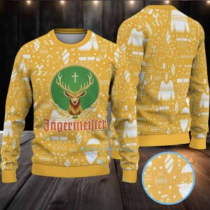 Mustard Yellow with White Holiday Icons Pattern Ugly Christmas Sweater Jagermeister Stag Logo