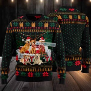 Golden Retriever On Sofa Ugly Christmas Sweater Green Naughty Golden Retriever On Sofa Ugly Christmas Sweater Green Naughty