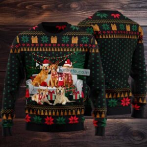 Golden Retriever On Sofa Ugly Christmas Sweater Green Naughty