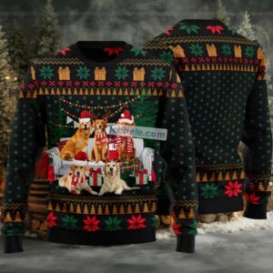 Golden Retriever On Sofa Ugly Christmas Sweater Green Naughty