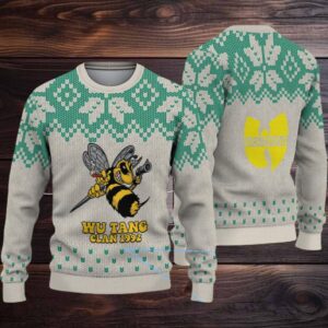 Gray and Green Snowflake Knit “Wu Tang Clan 1992 Bee Logo” Ugly Christmas Sweater
