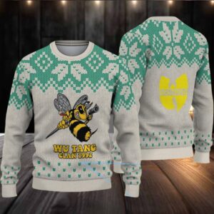 Gray and Green Snowflake Knit “Wu Tang Clan 1992 Bee Logo” Ugly Christmas Sweater