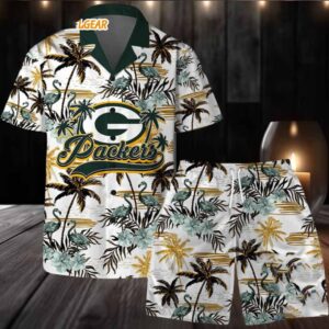 Green Bay Packers Football Team Logo Pattern Flamingo Hibiscus Summer Hawaiian Shirt And Beach Short