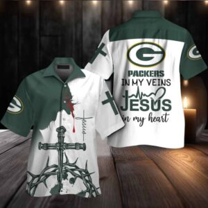 Green Bay Packers In My Veins Jesus Im My Heart Hawaiian Shirt