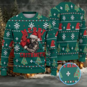 Green Fair Isle Snowflake Ugly Christmas Sweater Mike Tyson in Santa Hat with Boxing Gloves and Christmas Tree Pattern