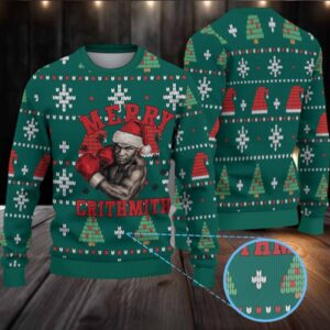 Green Fair Isle Snowflake Ugly Christmas Sweater Mike Tyson in Santa Hat with Boxing Gloves and Christmas Tree Pattern