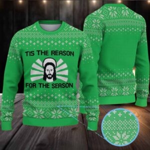 Green Fair Isle Snowflake Ugly Christmas Sweater Stranger Things Theme Tis the Reason Graphic