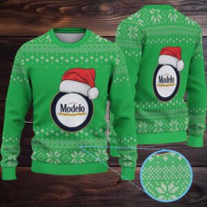 Green Snowflake Pattern “Modelo Beer Santa Hat” Ugly Christmas Sweater