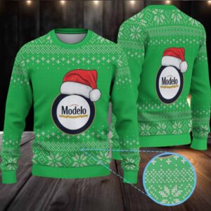 Green Snowflake Pattern “Modelo Beer Santa Hat” Ugly Christmas Sweater