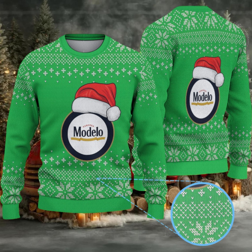 Green Snowflake Pattern “Modelo Beer Santa Hat” Ugly Christmas Sweater Green Snowflake Pattern “Modelo Beer Santa Hat” Ugly Christmas Sweater