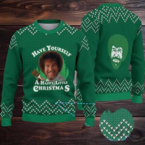 Green & White Knit Pattern “Bob Ross Happy Little Christmas” Ugly Christmas Sweater
