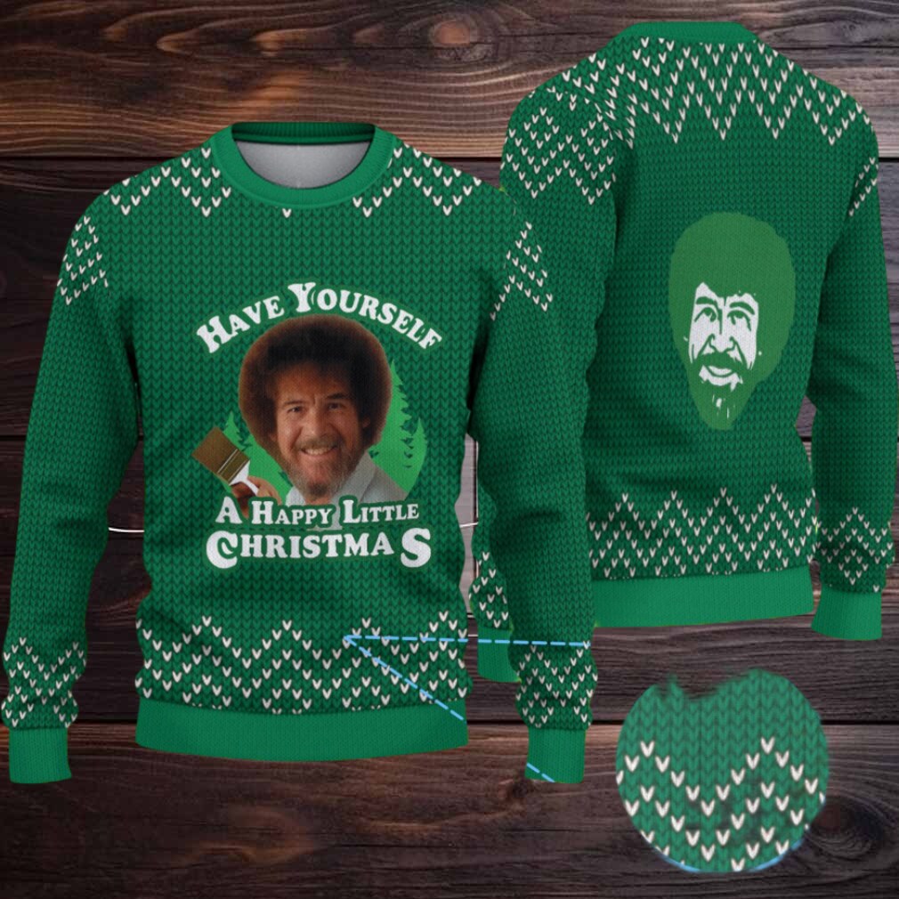 Green & White Knit Pattern “Bob Ross Happy Little Christmas” Ugly Christmas Sweater Green & White Knit Pattern “Bob Ross Happy Little Christmas” Ugly Christmas Sweater