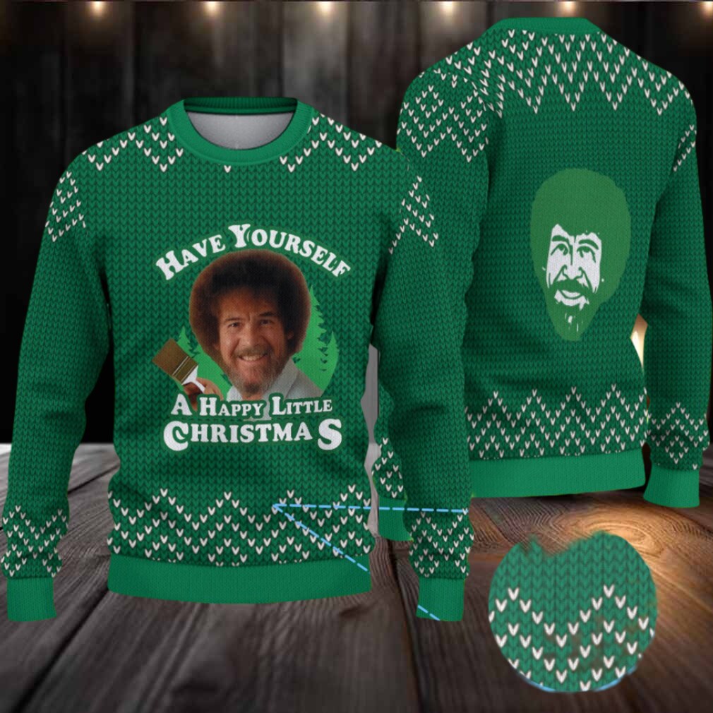 Green & White Knit Pattern “Bob Ross Happy Little Christmas” Ugly Christmas Sweater Green & White Knit Pattern “Bob Ross Happy Little Christmas” Ugly Christmas Sweater