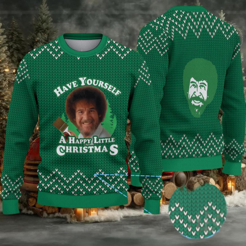 Green & White Knit Pattern “Bob Ross Happy Little Christmas” Ugly Christmas Sweater Green & White Knit Pattern “Bob Ross Happy Little Christmas” Ugly Christmas Sweater