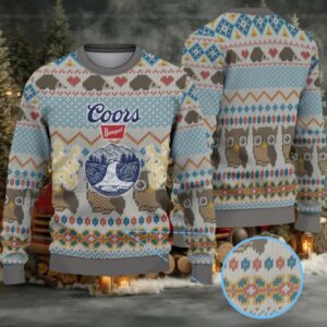 Grey Multi Coors Banquet Owl and Hedgehog Pattern Ugly Sweater