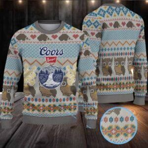 Grey Multi Coors Banquet Owl and Hedgehog Pattern Ugly Sweater