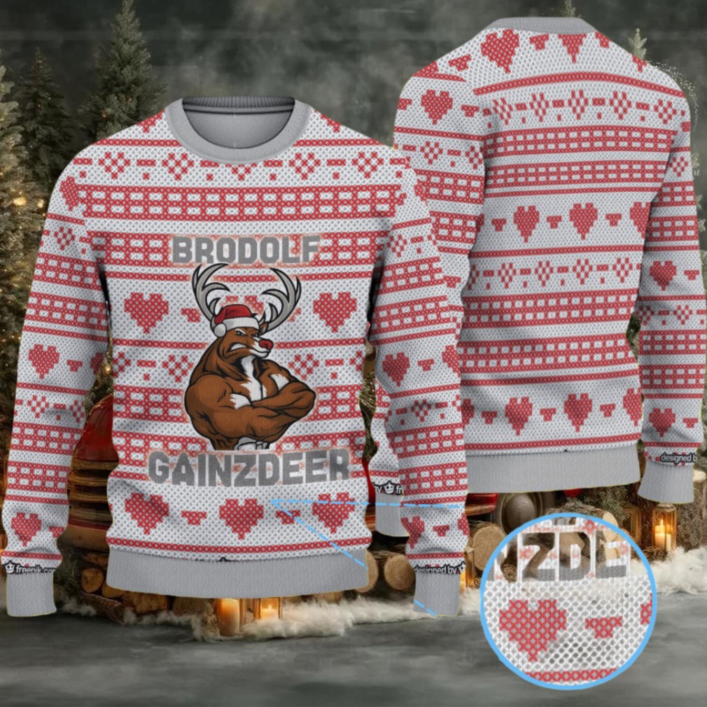 Grey White Coors Banquet “Brodolf Gainzdeer” Heart Pattern Ugly Sweater Grey White Coors Banquet “Brodolf Gainzdeer” Heart Pattern Ugly Sweater
