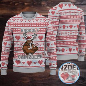 Grey White Coors Banquet “Brodolf Gainzdeer” Heart Pattern Ugly Sweater