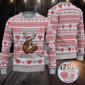 Grey White Coors Banquet “Brodolf Gainzdeer” Heart Pattern Ugly Sweater