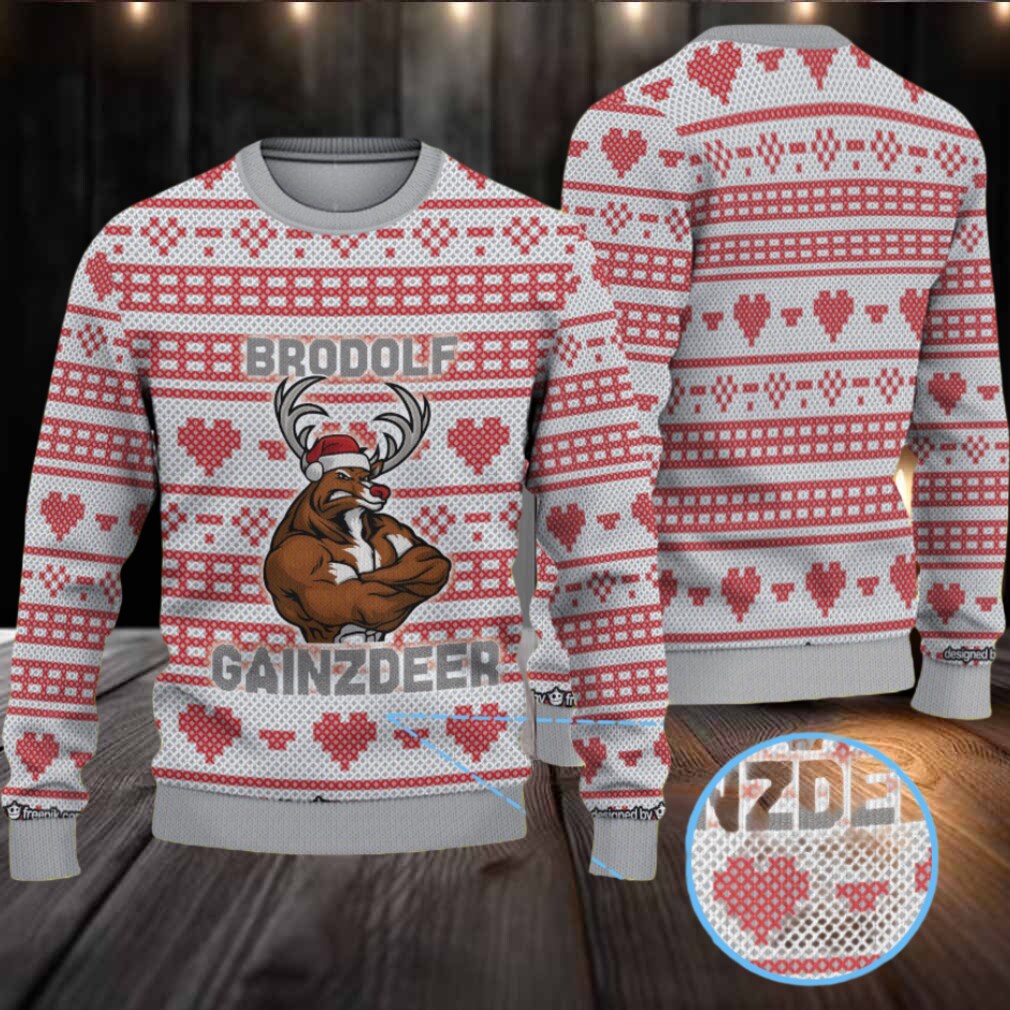 Grey White Coors Banquet “Brodolf Gainzdeer” Heart Pattern Ugly Sweater Grey White Coors Banquet “Brodolf Gainzdeer” Heart Pattern Ugly Sweater