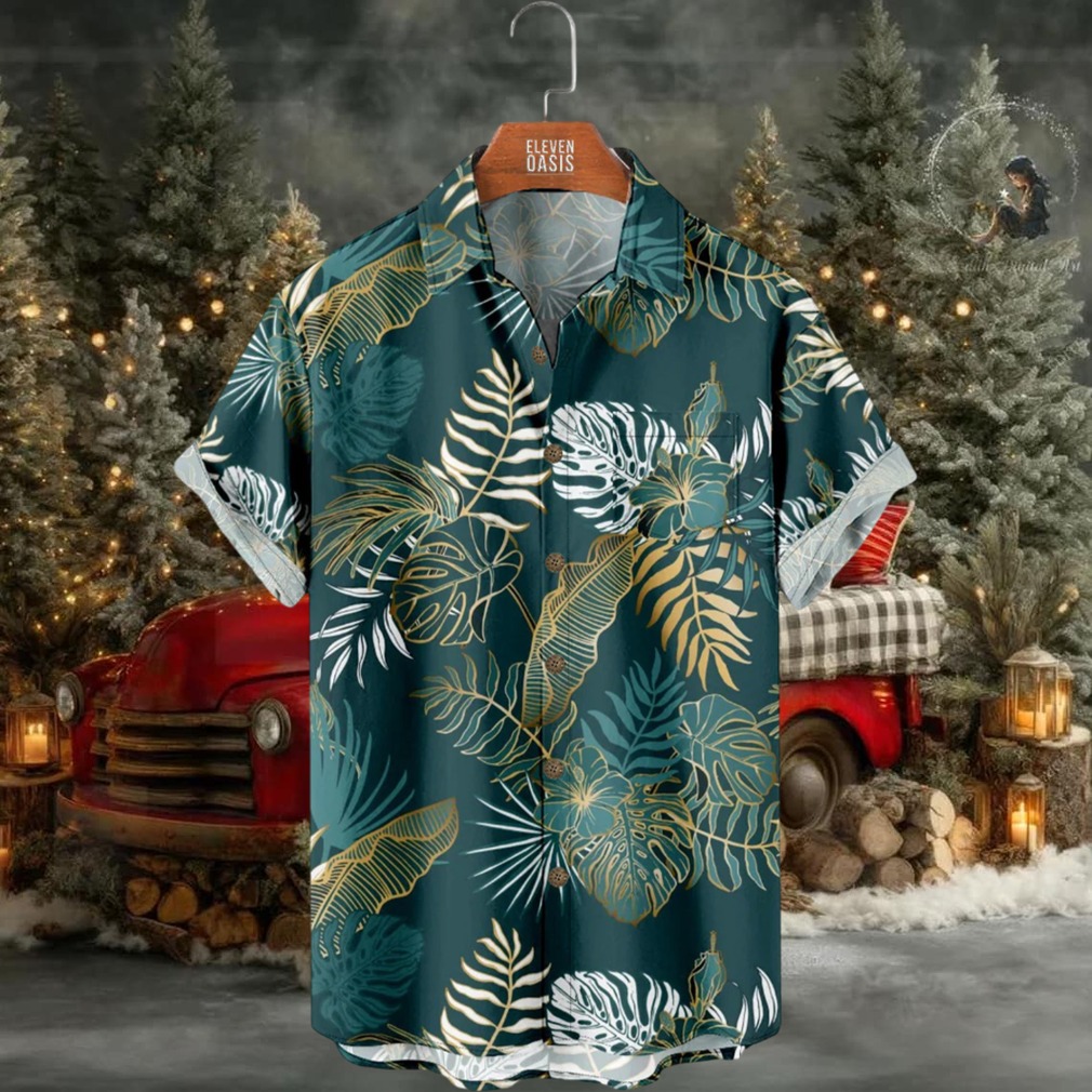 Hawaiian Print Leaf Foliage Golden Green Short Sleeve Shirt