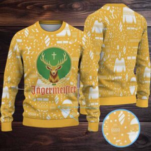 Mustard Yellow with White Holiday Icons Pattern Ugly Christmas Sweater Jagermeister Stag Logo