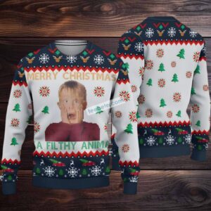 Home Alone Merry Christmas Ya Filthy Animal Ugly Christmas Sweater Blue White Ugliest