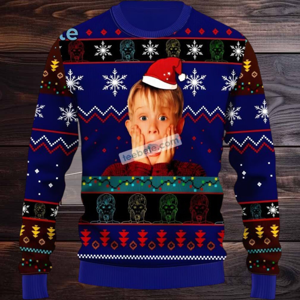Home Alone Santa Hat Ugly Xmas Sweaters Blue Funny Home Alone Santa Hat Ugly Xmas Sweaters Blue Funny
