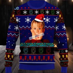 Home Alone Santa Hat Ugly Xmas Sweaters Blue Funny