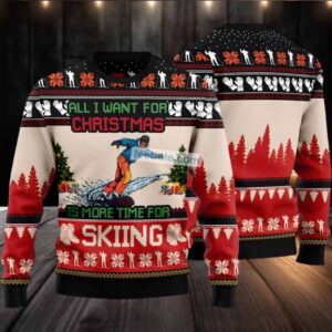 I Want For Christmas Time For Skiing Ugly Christmas Sweater Red Adults