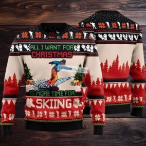 I Want For Christmas Time For Skiing Ugly Christmas Sweater Red Adults