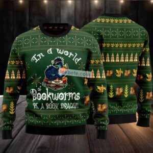 In A World Of Bookworms Dragon Ugly Christmas Sweater Green Big And Tall