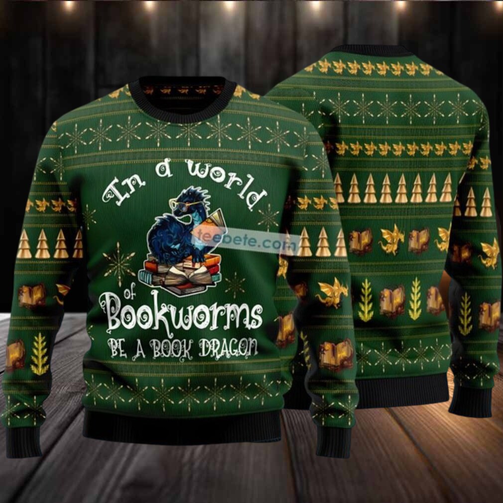 In A World Of Bookworms Dragon Ugly Christmas Sweater Green Big And Tall In A World Of Bookworms Dragon Ugly Christmas Sweater Green Big And Tall